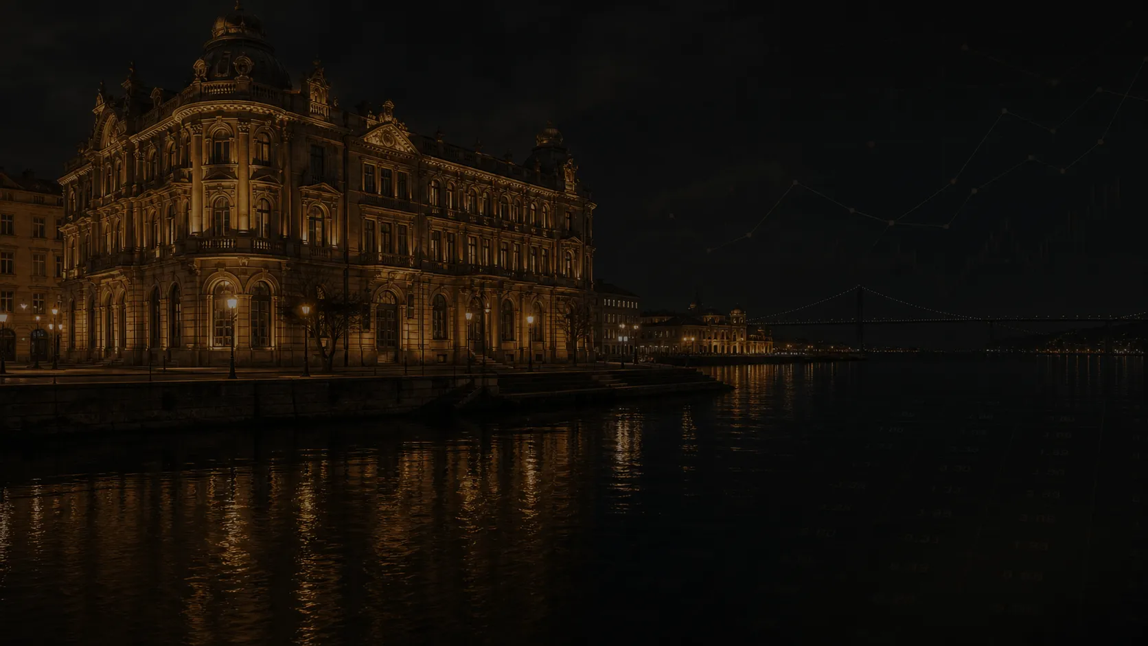 European building beside a financial chart
