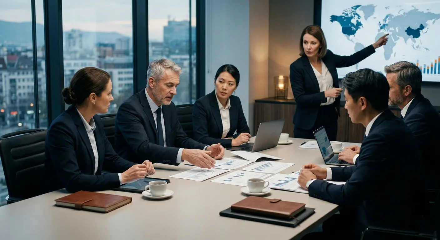 Fund management team reviewing a global investment map