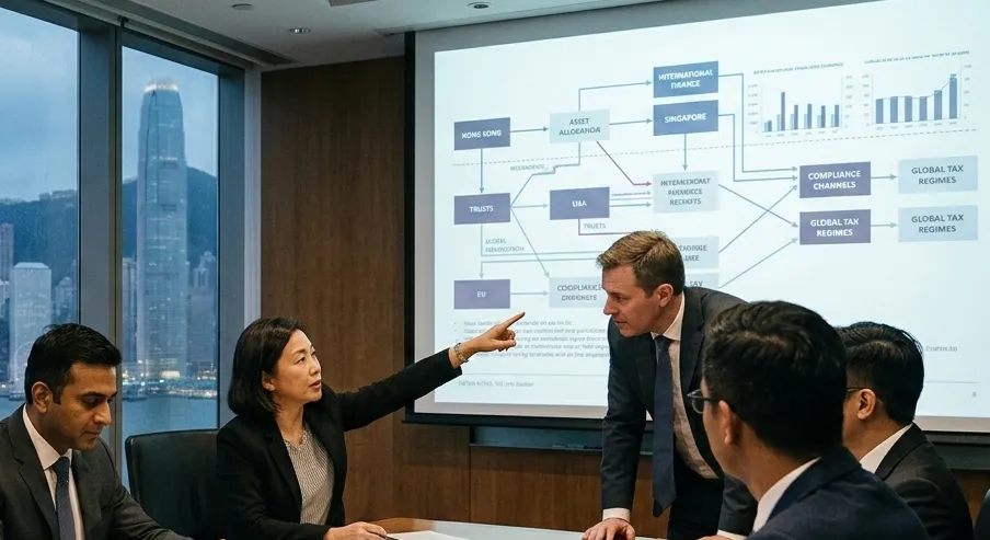 Team reviewing compliance and asset allocation diagrams